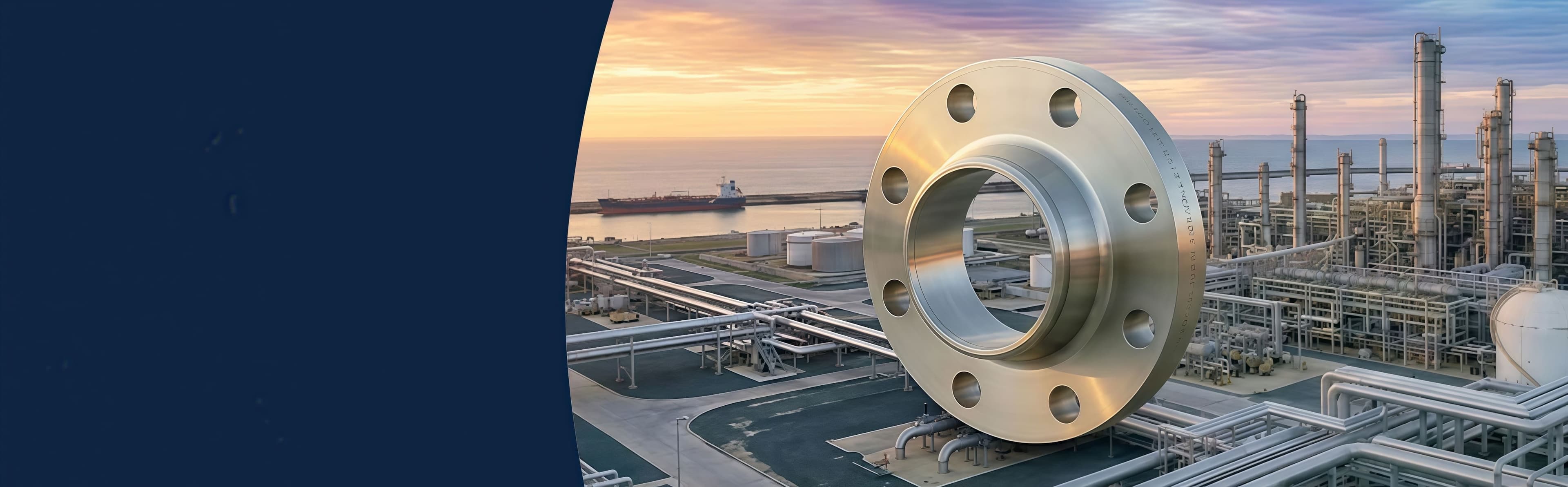 A stainless-steel flange overlooking a coastal oil and gas facility