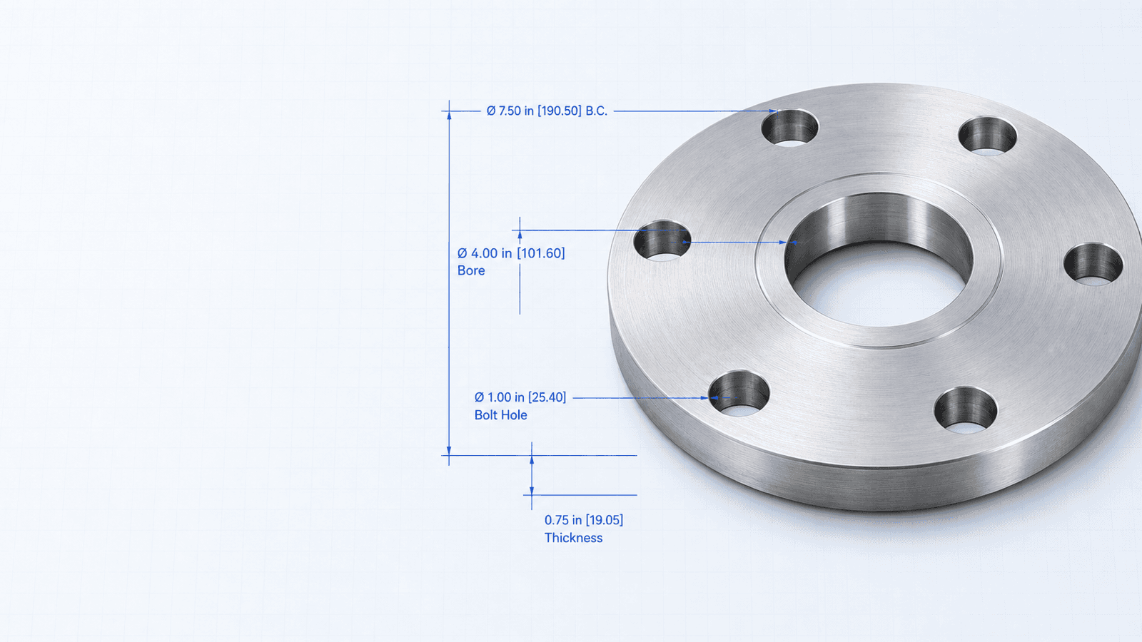 Dimensioned stainless-steel flange engineering visual