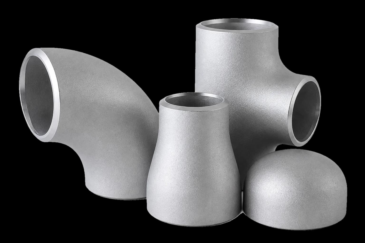 Stainless steel pipe fittings grouped together: 90 degree elbow, concentric reducer, equal tee, and cap